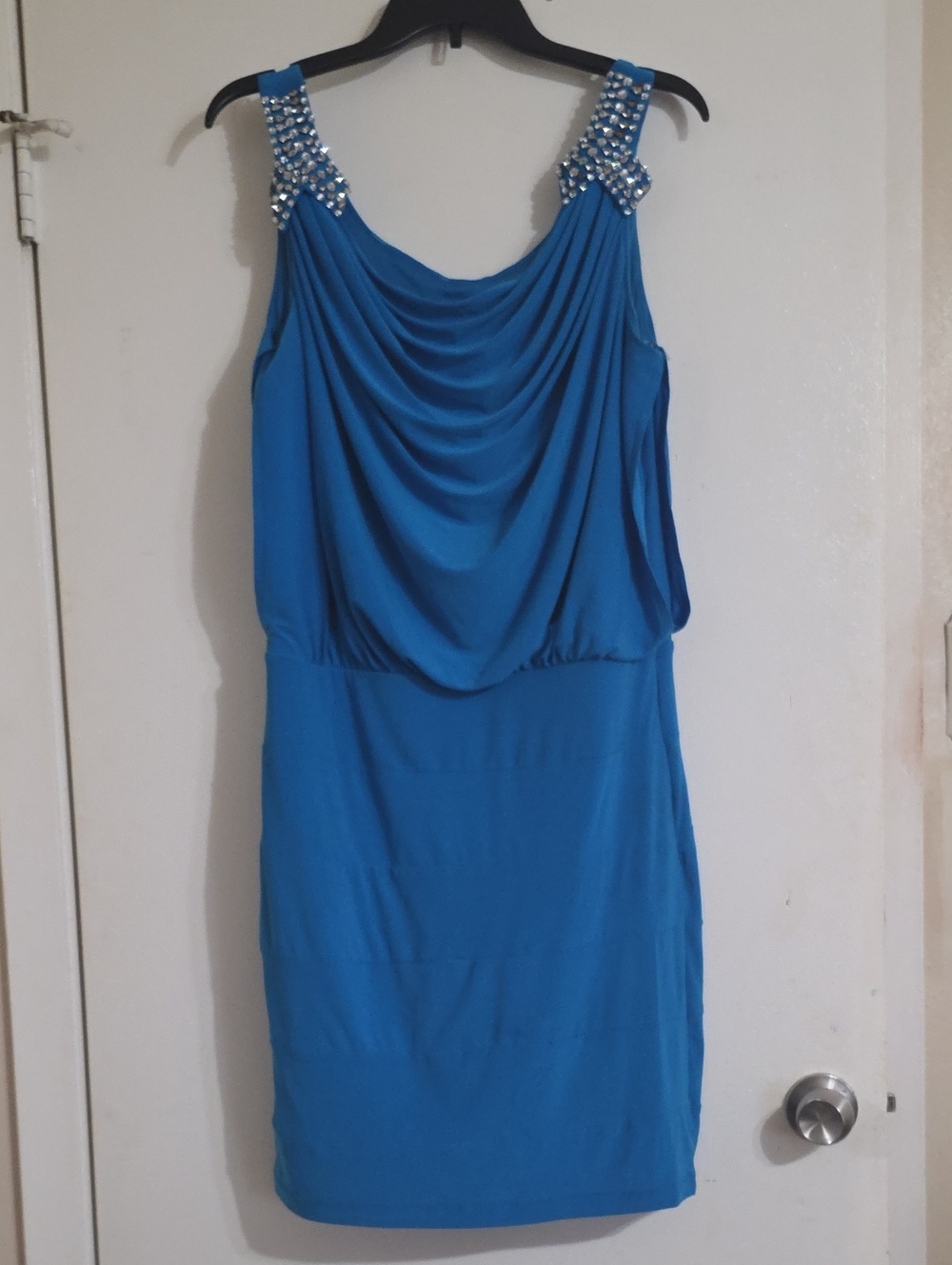 Beaded Strap Cowl-Neck Mini Dress in Blue